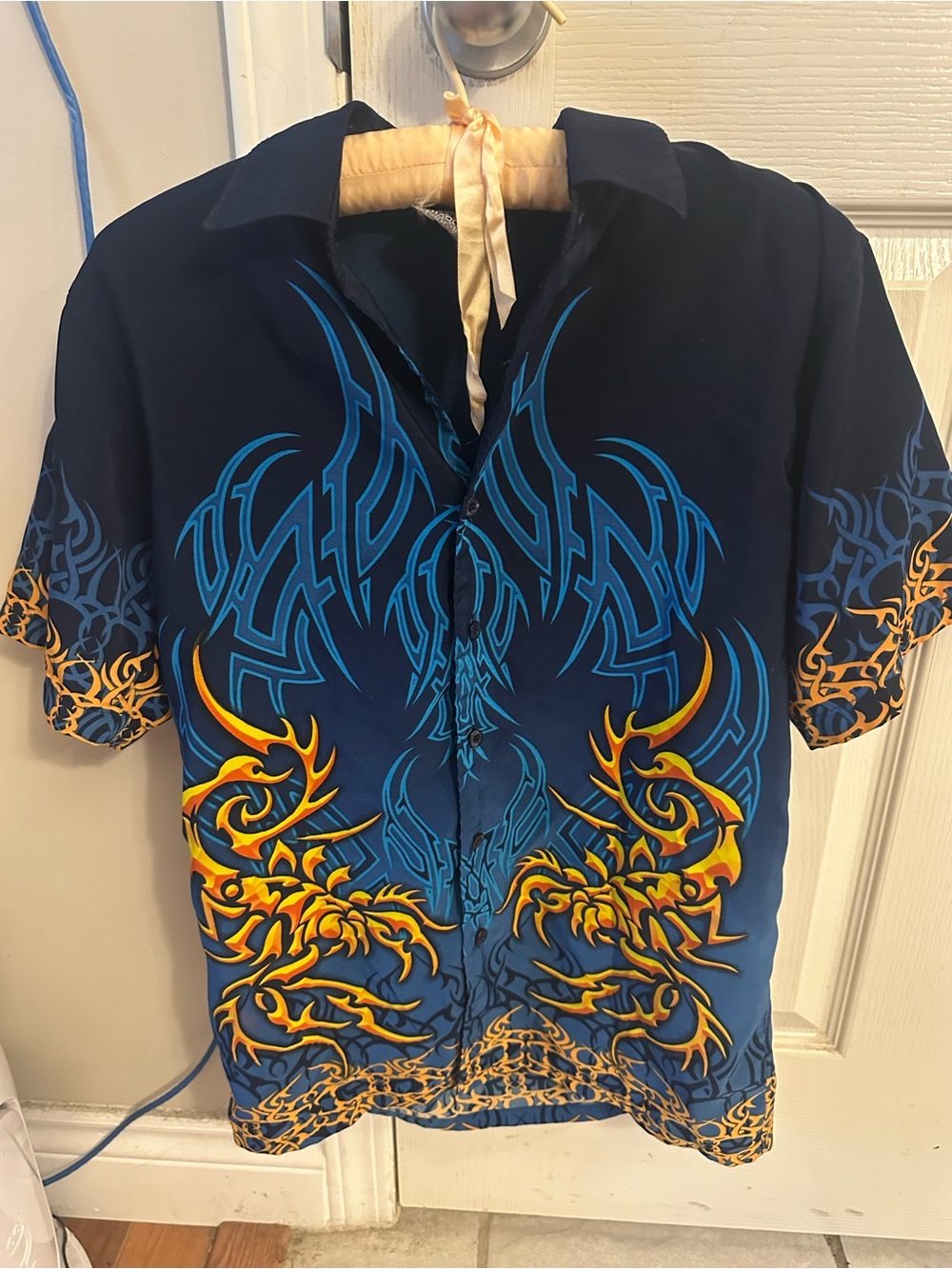 Men's Navy Tribal Flame Short-Sleeve Button-Down Shirt